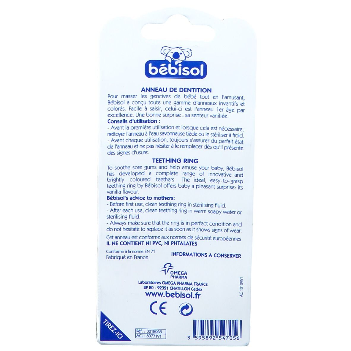 Dos de l'emballage. Texte: Bébisol, Anneau de dentition. Informations d'utilisation et d'entretien de l'anneau.
