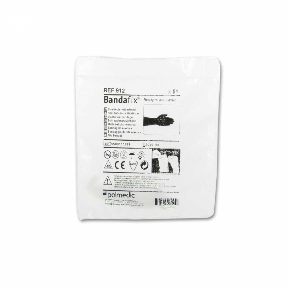 Emballage de Bandafix. Inscriptions: REF 912, Bandafix, pictogrammes, marquage CE, palmedic.