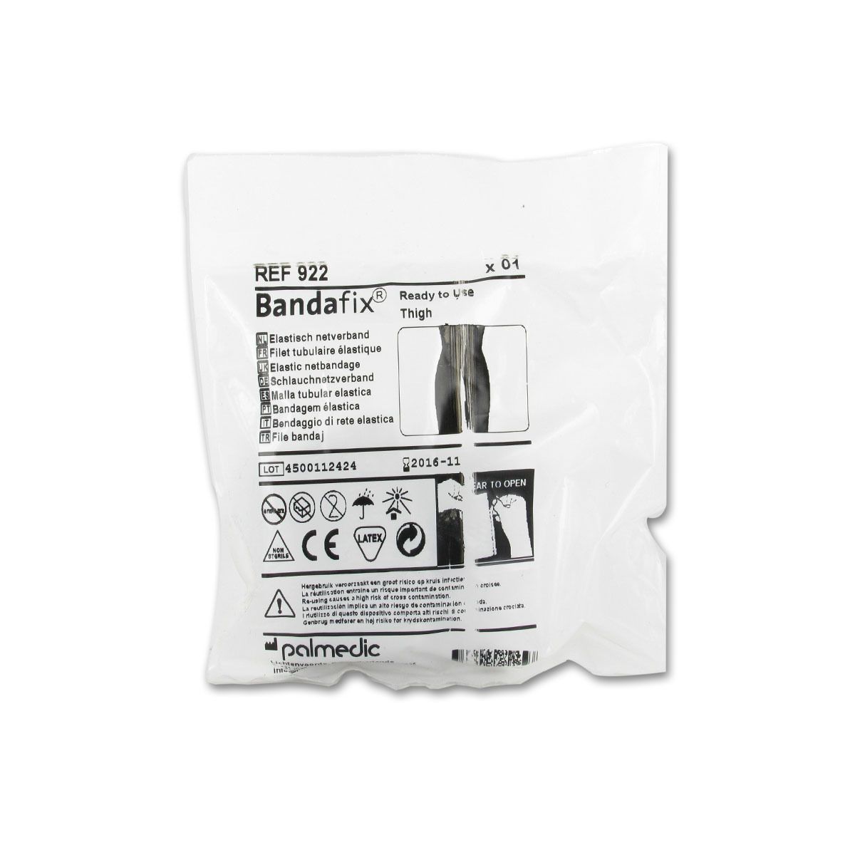 Emballage de Bandafix, bandage tubulaire élastique. Informations: REF 922, symbole CE et indication latex.