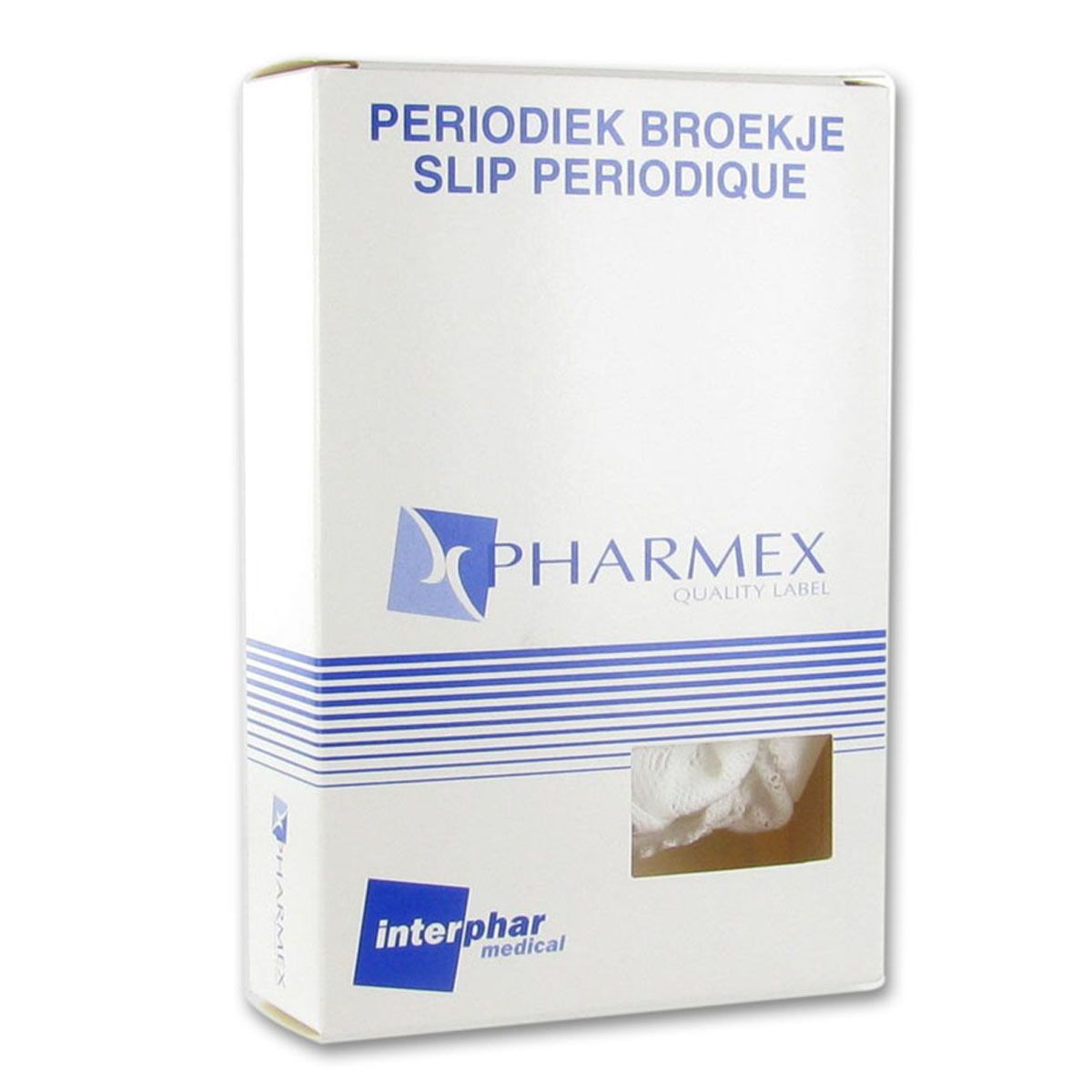 Boîte blanche avec logo 'Pharmex' et 'Interphar medical'. Texte: 'Periodiek Broekje/Slip Periodique'. Fenêtre avec produit visible.