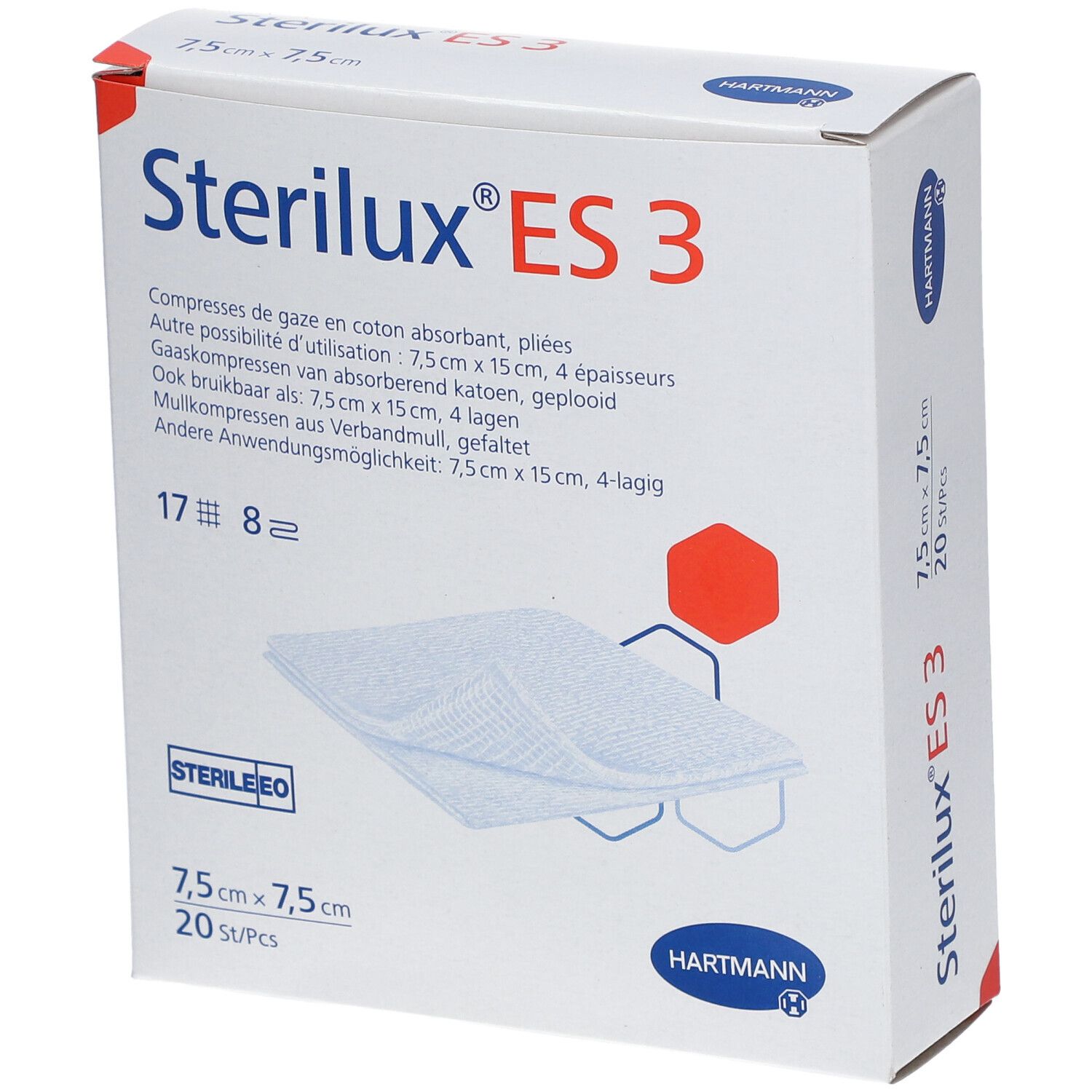 Boîte Hartmann Sterilux ES 3. Compresses 7,5x7,5 cm. 20 pièces. Logo Hartmann. Informations produit en plusieurs langues.