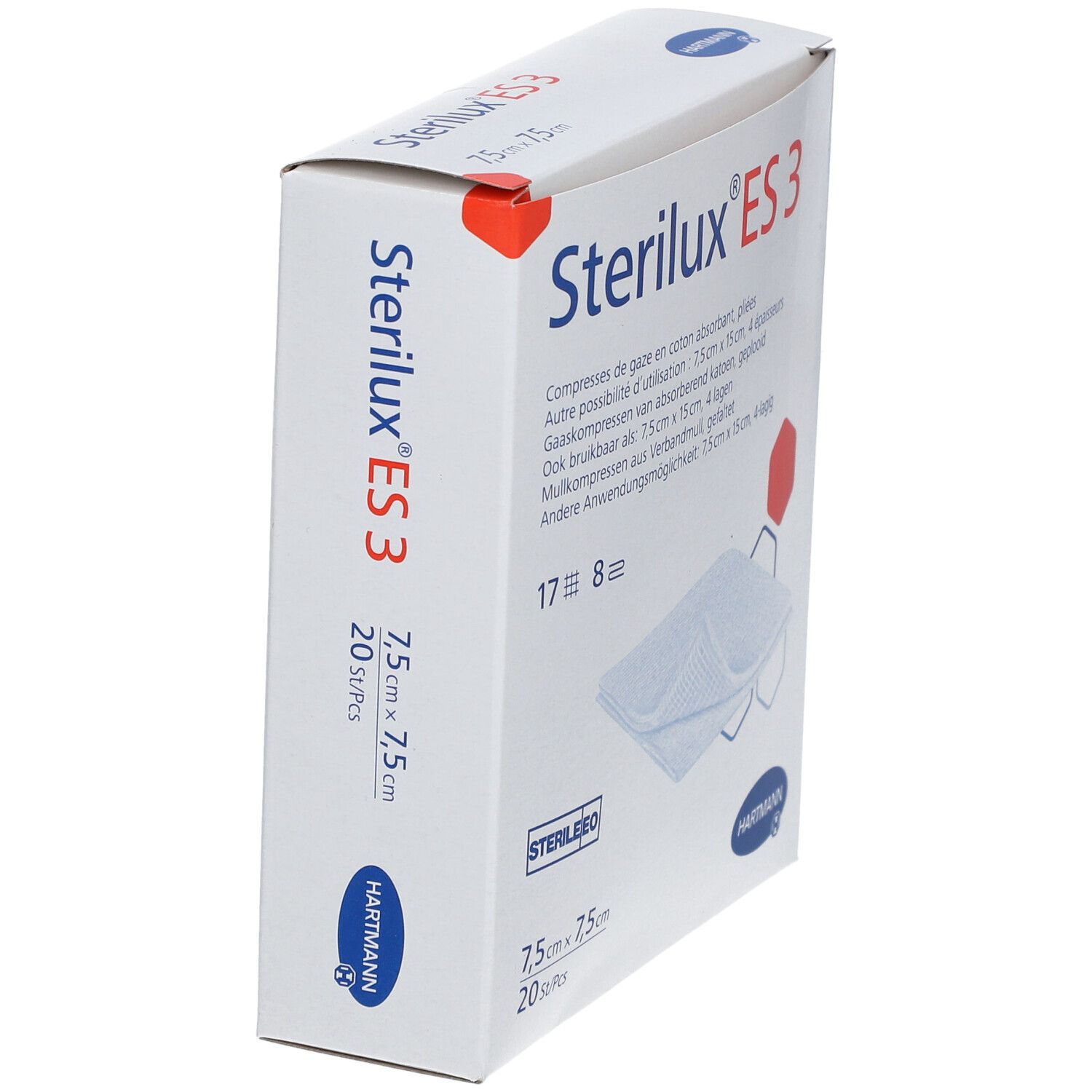 Boîte Hartmann Sterilux ES 3, vue latérale. Informations produit et logo. Compresses 7,5x7,5 cm, 20 pièces. Vue en angle.