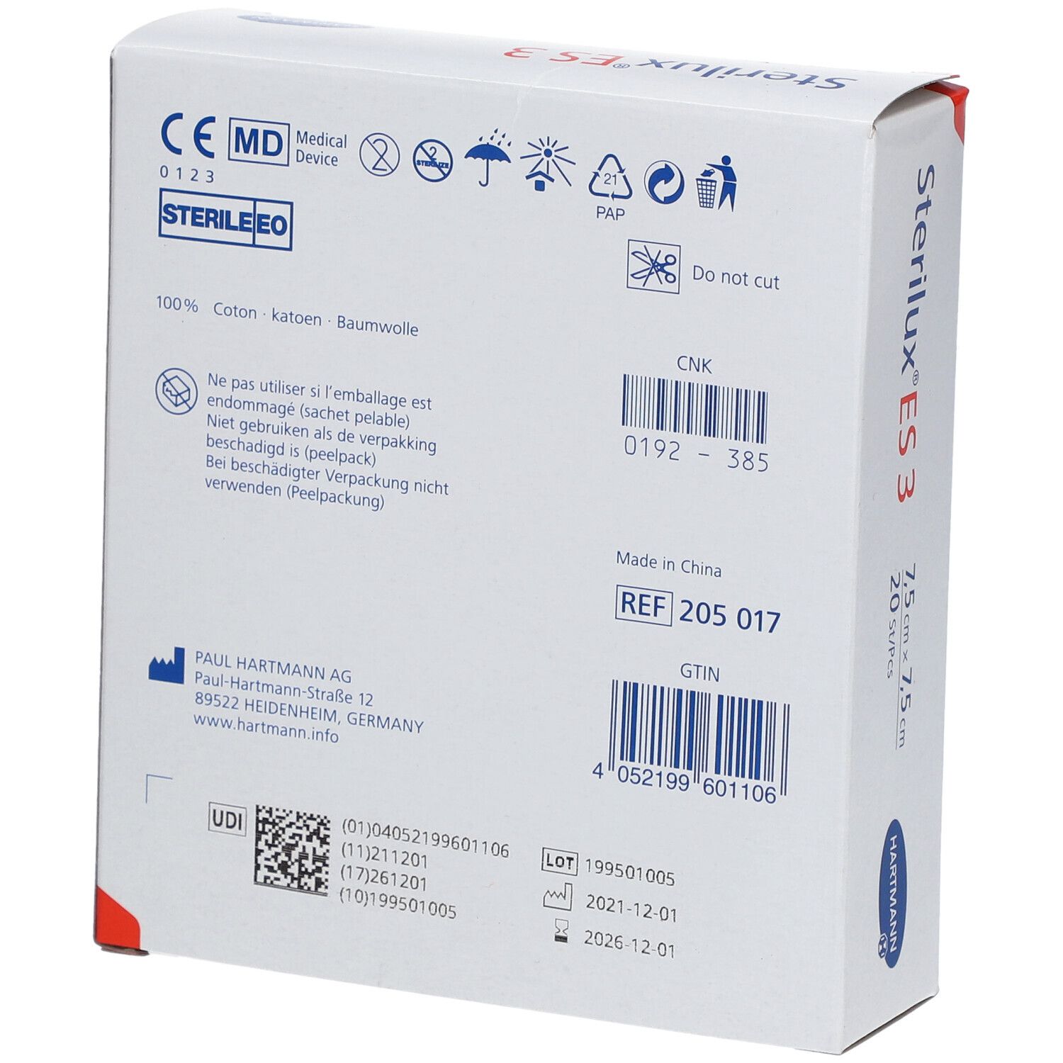 Dos de la boîte Hartmann Sterilux ES 3. Informations produit, adresse fabricant, numéro de lot, date de péremption, marquage CE.