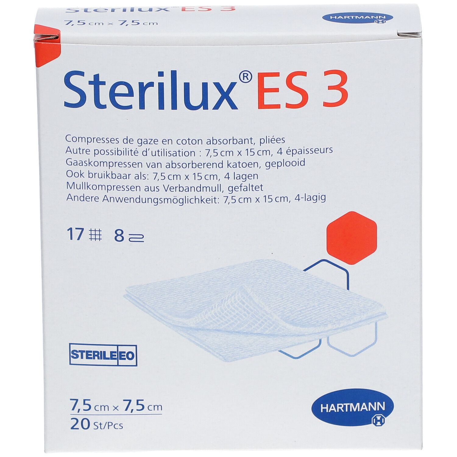Boîte Hartmann Sterilux ES 3. Compresses 7,5x7,5 cm. 20 pièces. Logo Hartmann. Informations produit en plusieurs langues.