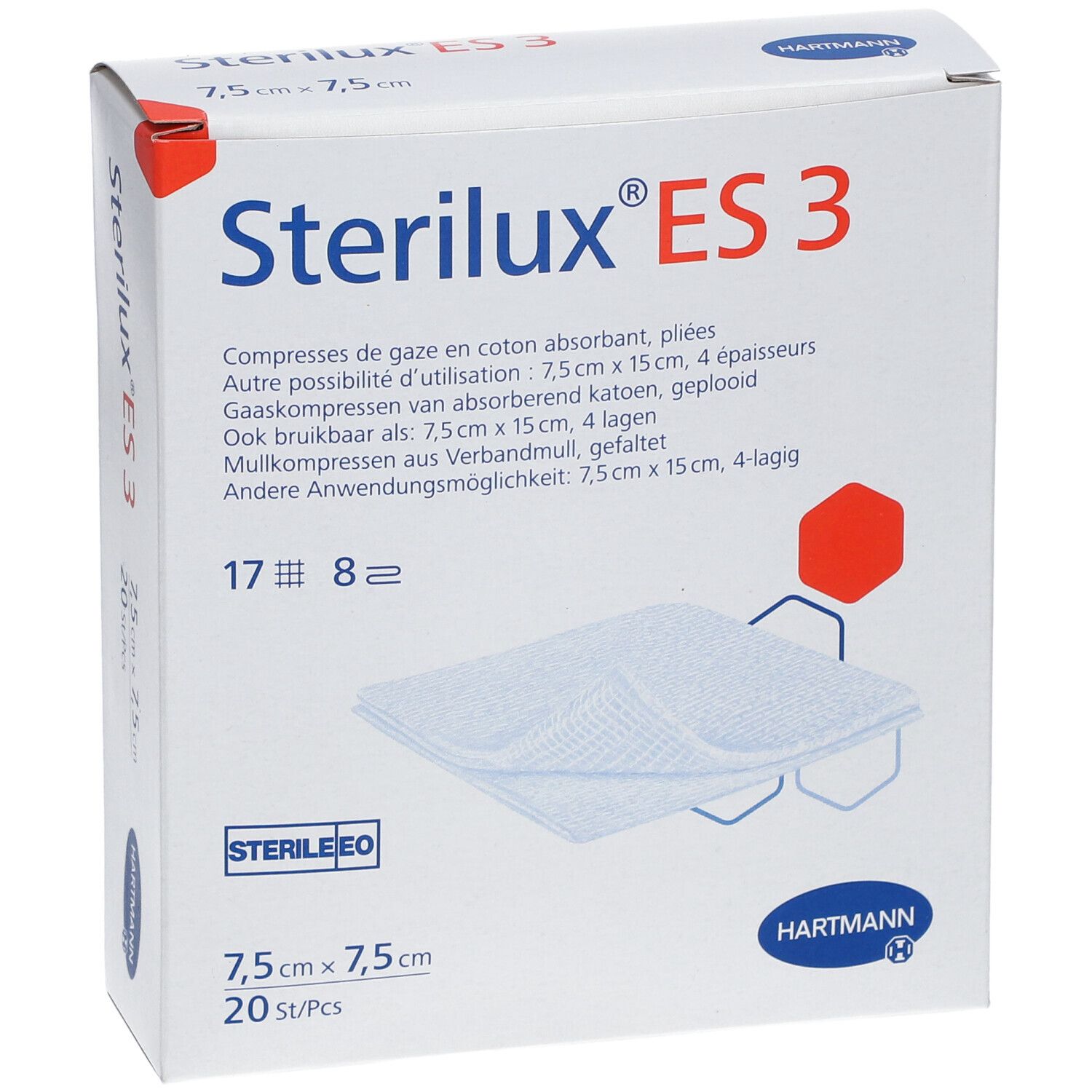 Boîte Hartmann Sterilux ES 3. Compresses 7,5x7,5 cm. 20 pièces. Logo Hartmann. Informations produit en plusieurs langues.