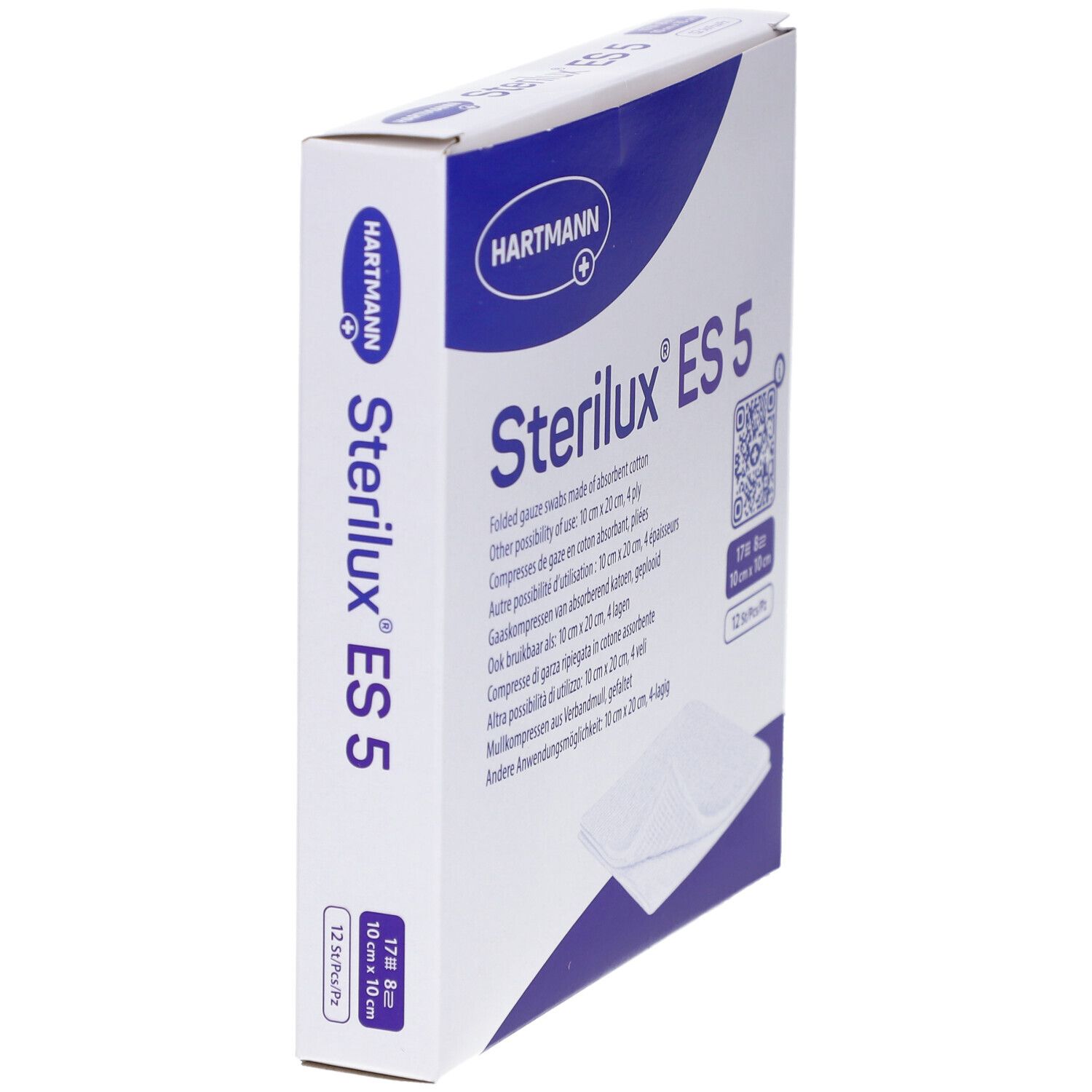 Boîte de compresses Sterilux ES 5 en biais. Inscriptions : 10x10 cm, 12 pièces, logo Hartmann, sceau Steril EO.