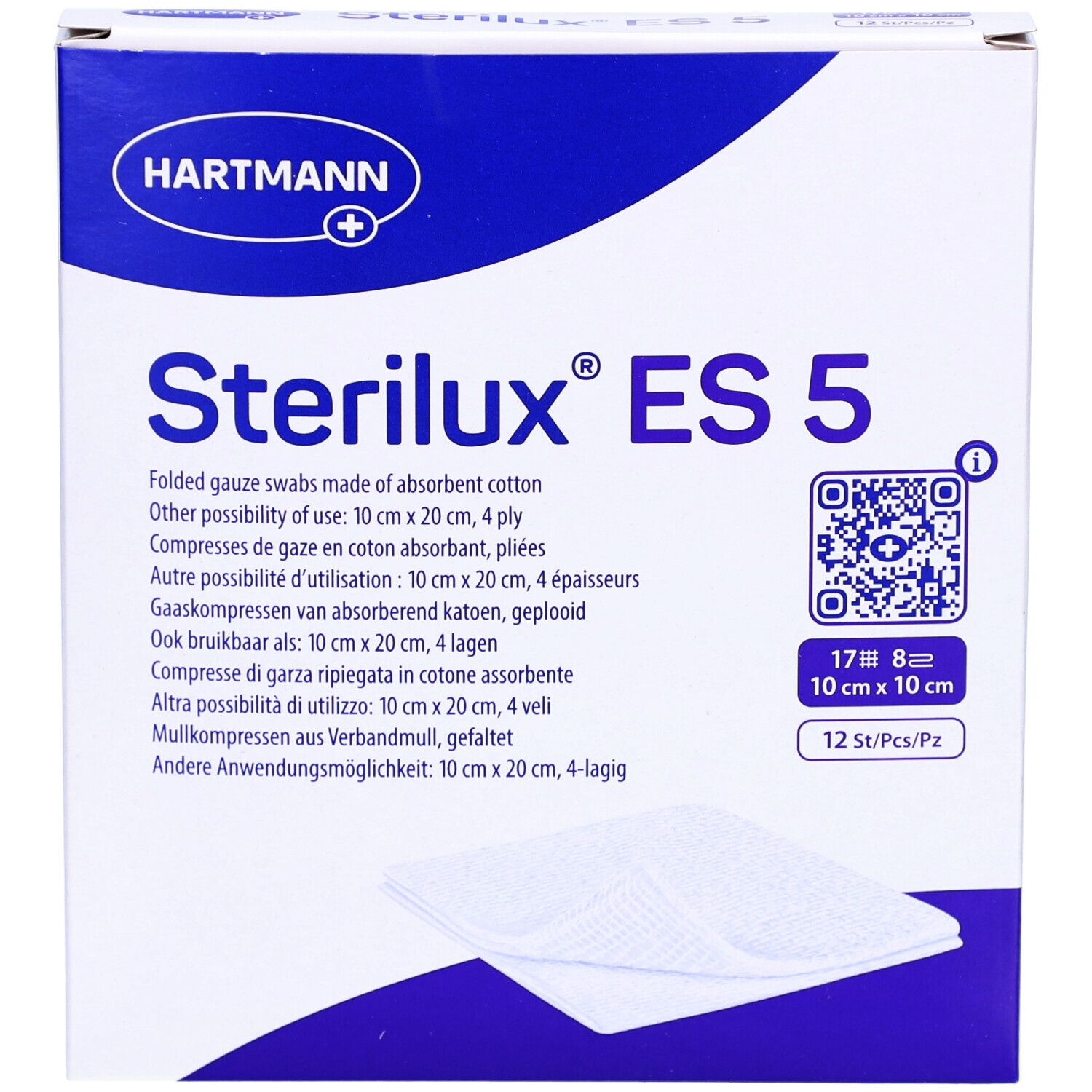 Boîte de compresses Sterilux ES 5. Inscriptions : 10x10 cm, 12 pièces, logo Hartmann, sceau Steril EO, image du produit.