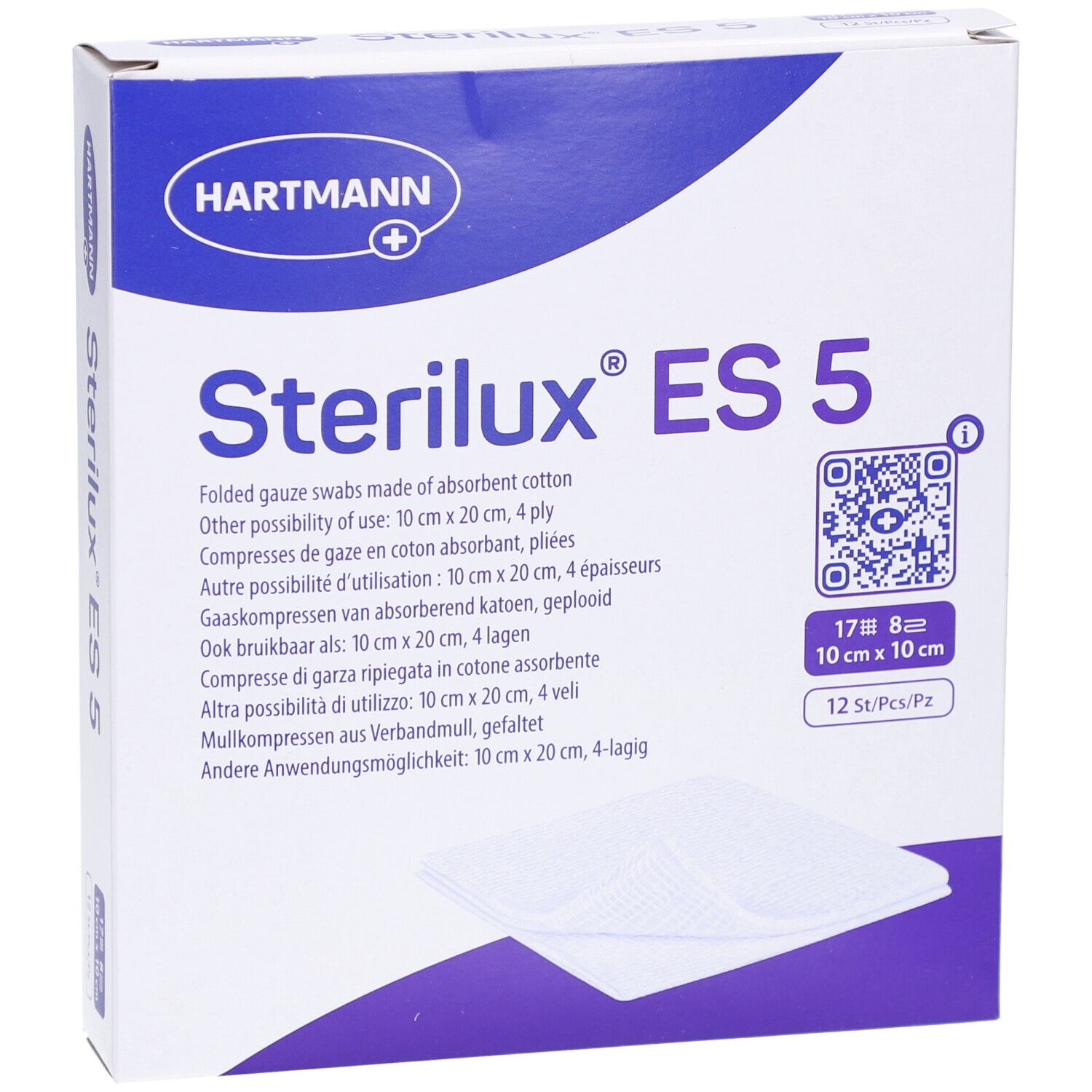 Boîte de compresses Sterilux ES 5. Inscriptions : 10x10 cm, 12 pièces, logo Hartmann, sceau Steril EO, image du produit.