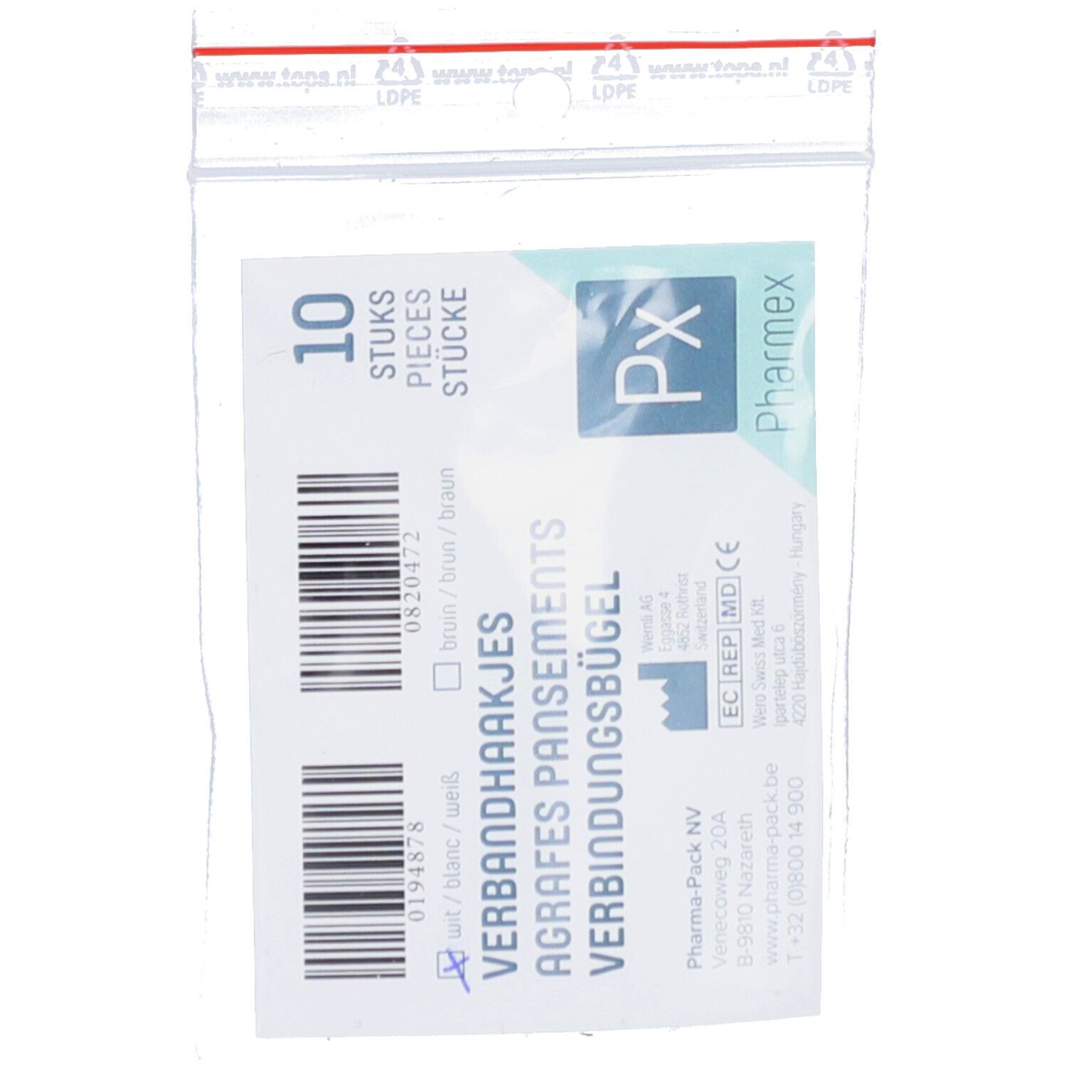 Emballage contenant 10 agrafes de bandage. Texte avec nom du produit, code-barres et logo. L'emballage est blanc avec des éléments bleus et verts.