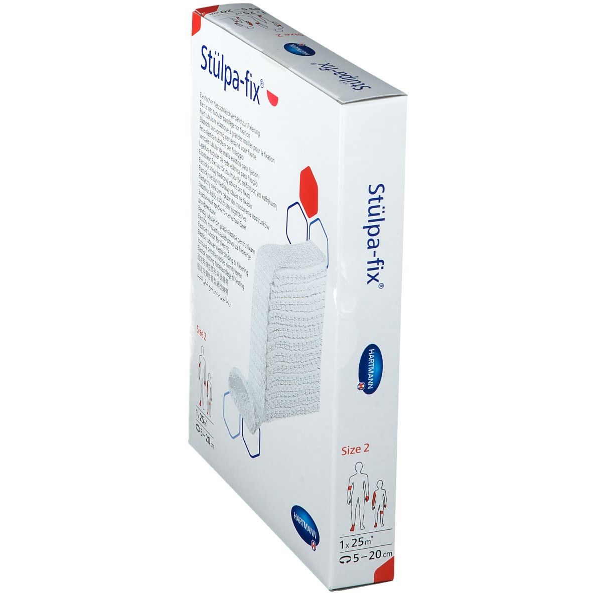 Hartmann Stülpa-fix, bandage tubulaire élastique, taille 2. Emballage blanc, vue latérale. Nom du produit et logo Hartmann visibles.