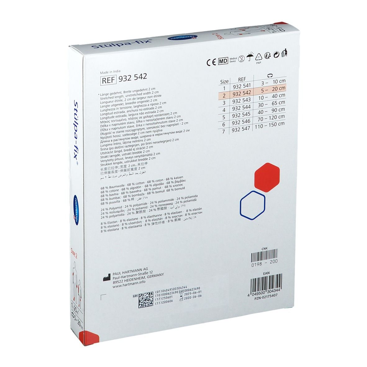 Emballage Hartmann Stülpa-fix, dos. Informations produit, indications de taille, adresse du fabricant et marquage CE. Réf. 932 542.