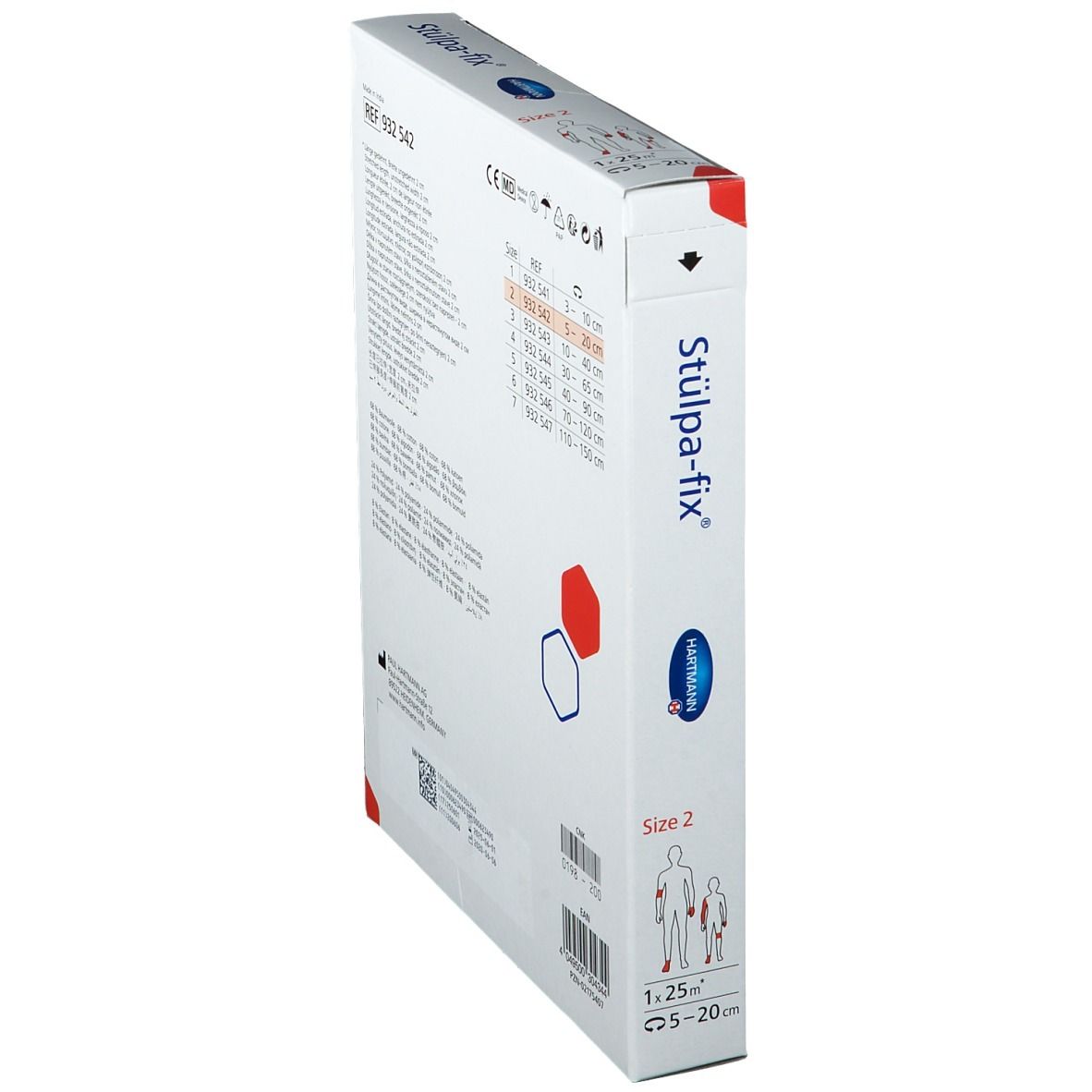Emballage Hartmann Stülpa-fix, vue latérale. Nom du produit, indications de taille et logo Hartmann. Marquage CE.