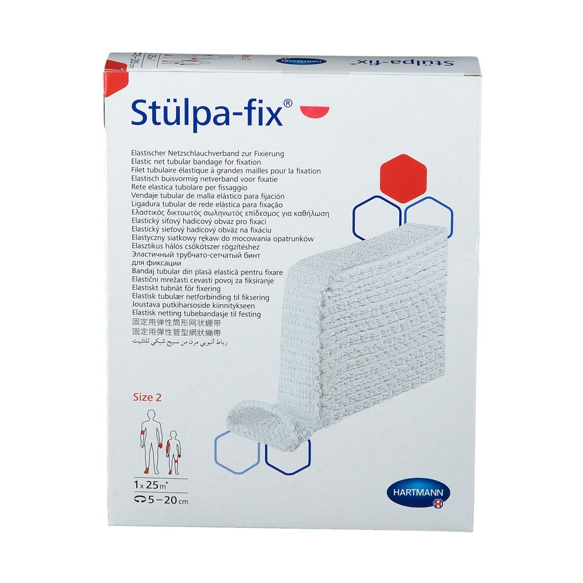 Hartmann Stülpa-fix, bandage tubulaire élastique, taille 2. Emballage blanc avec image du produit et indications de taille. Logo Hartmann.