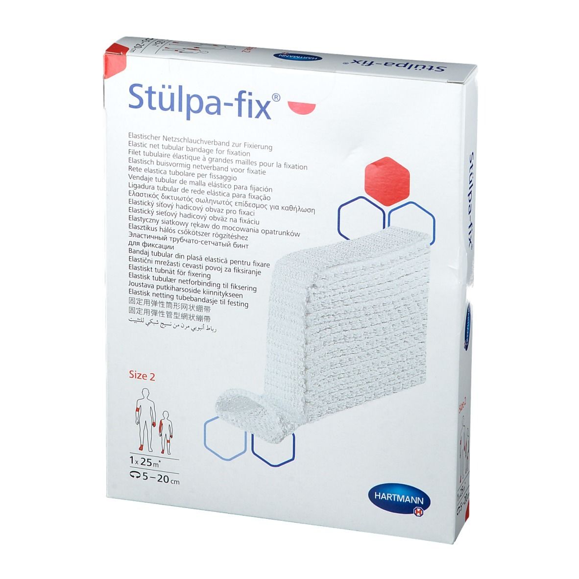 Hartmann Stülpa-fix, bandage tubulaire élastique, taille 2. Emballage blanc avec image du produit et indications de taille. Logo Hartmann.