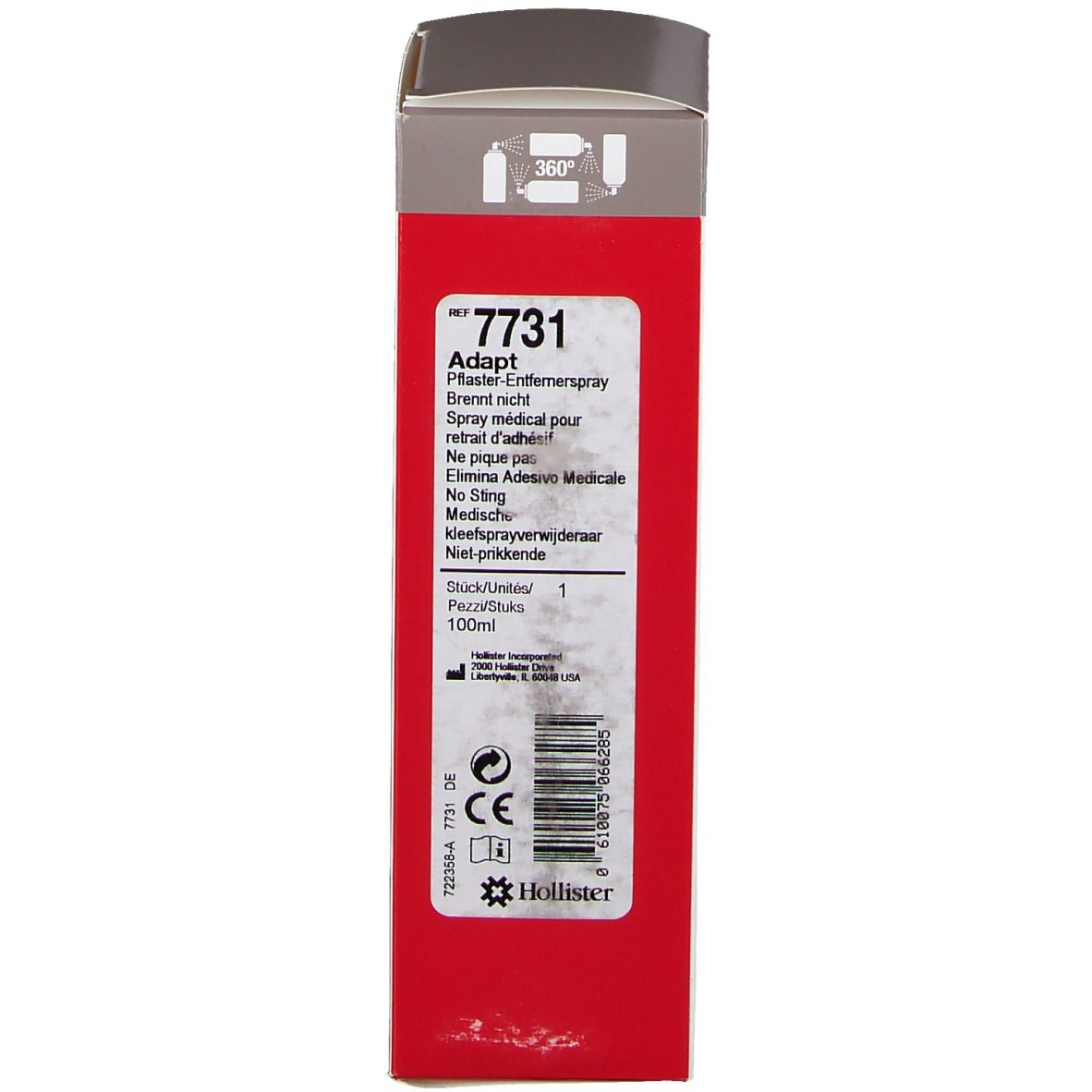 Boîte Adapt. Emballage rouge et blanc. Texte : Adapt, 7731, spray médical. Marquage CE. Code-barres.