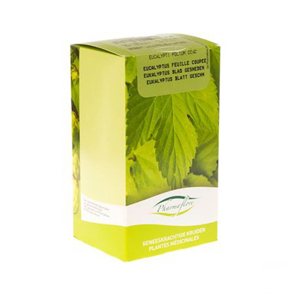 Boîte en carton Pharmaflore avec texte. Texte multilingue : Eucalyptus Feuille Coupée.