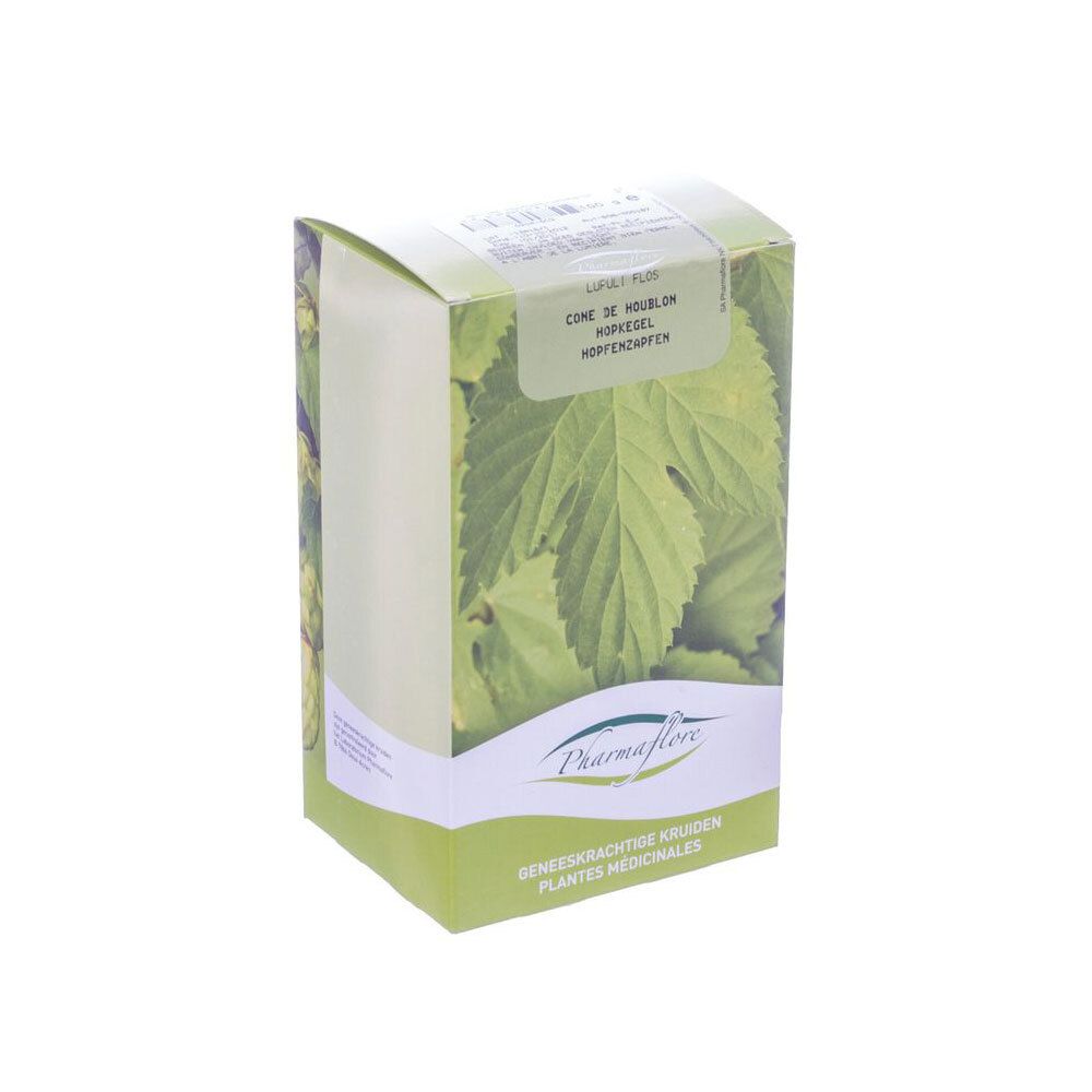 Boîte en carton avec feuilles et nom du produit Pharmaflore. Inscription: Cône de houblon, Hopsenzapfen.