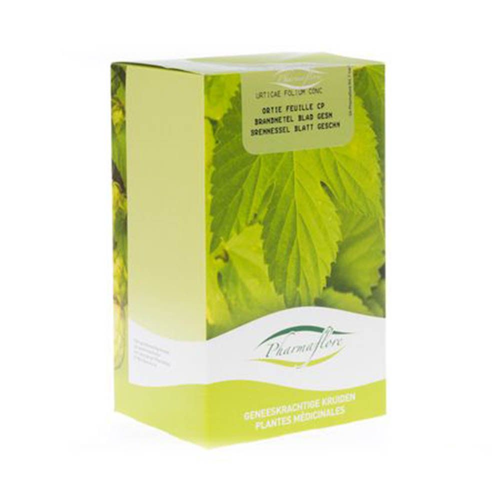 Boîte Pharmaflore Ortie Feuille Coupée. Design vert et blanc avec motif de feuilles. Texte: Pharmaflore, Plantes médicinales.