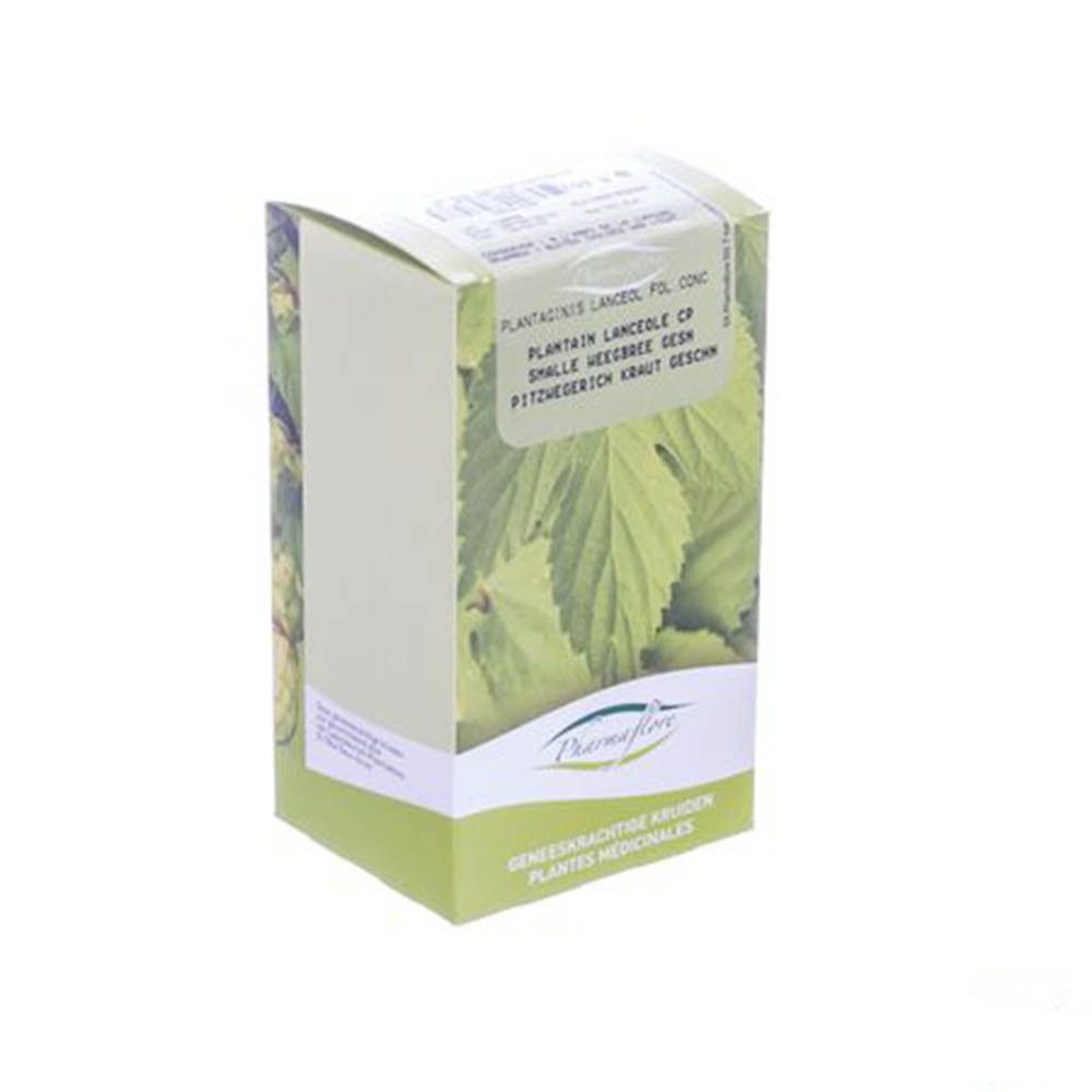 Boîte Pharmaflore en biais. Design vert et blanc. Noms de produits et texte multilingue.