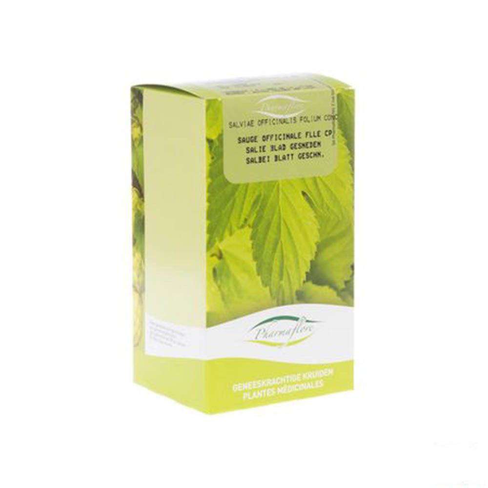 Boîte en carton avec nom du produit et feuilles. Inscription : Pharmaflore, Sauge Officinale Feuille Coupée.