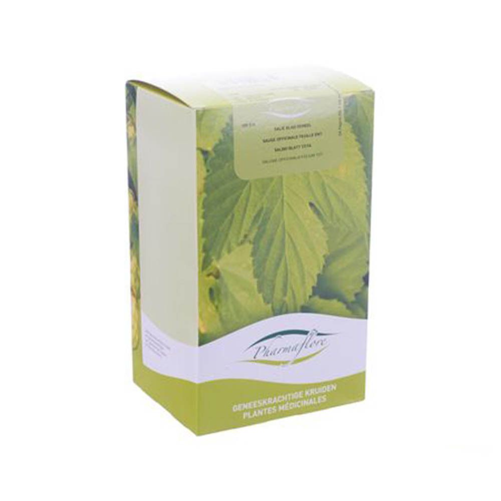 Boîte Pharmaflore. Inscription : Geneeskrachtige kruiden, Plantes médicinales. Logo et motif de feuilles.