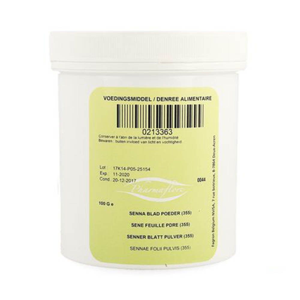 Pot blanc avec couvercle. Étiquette avec informations produit et logo Pharmaflore. Poudre de feuilles de séné.