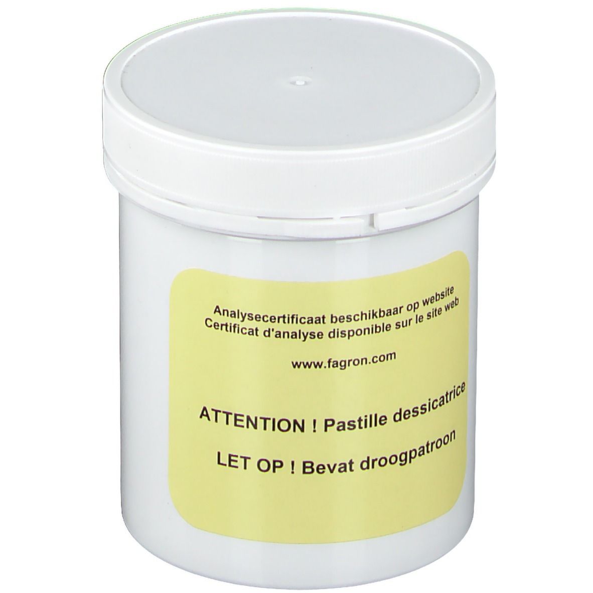 Récipient blanc avec étiquette jaune. Texte: Analysecertificaat beschikbaar op website. Attention ! Pastille dessicatrice. Contient un dessiccatif.