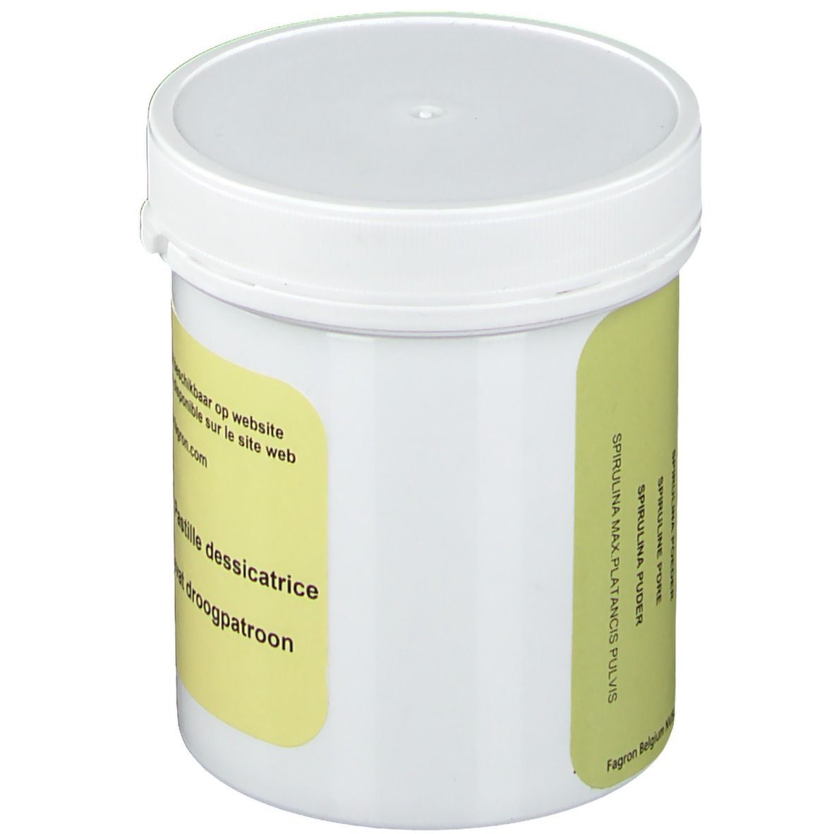 Récipient blanc avec étiquette jaune. Texte: Spirulina Max Plantatis Pluv. Spirulina Poudre. FAGRON. Inscription sur le côté.