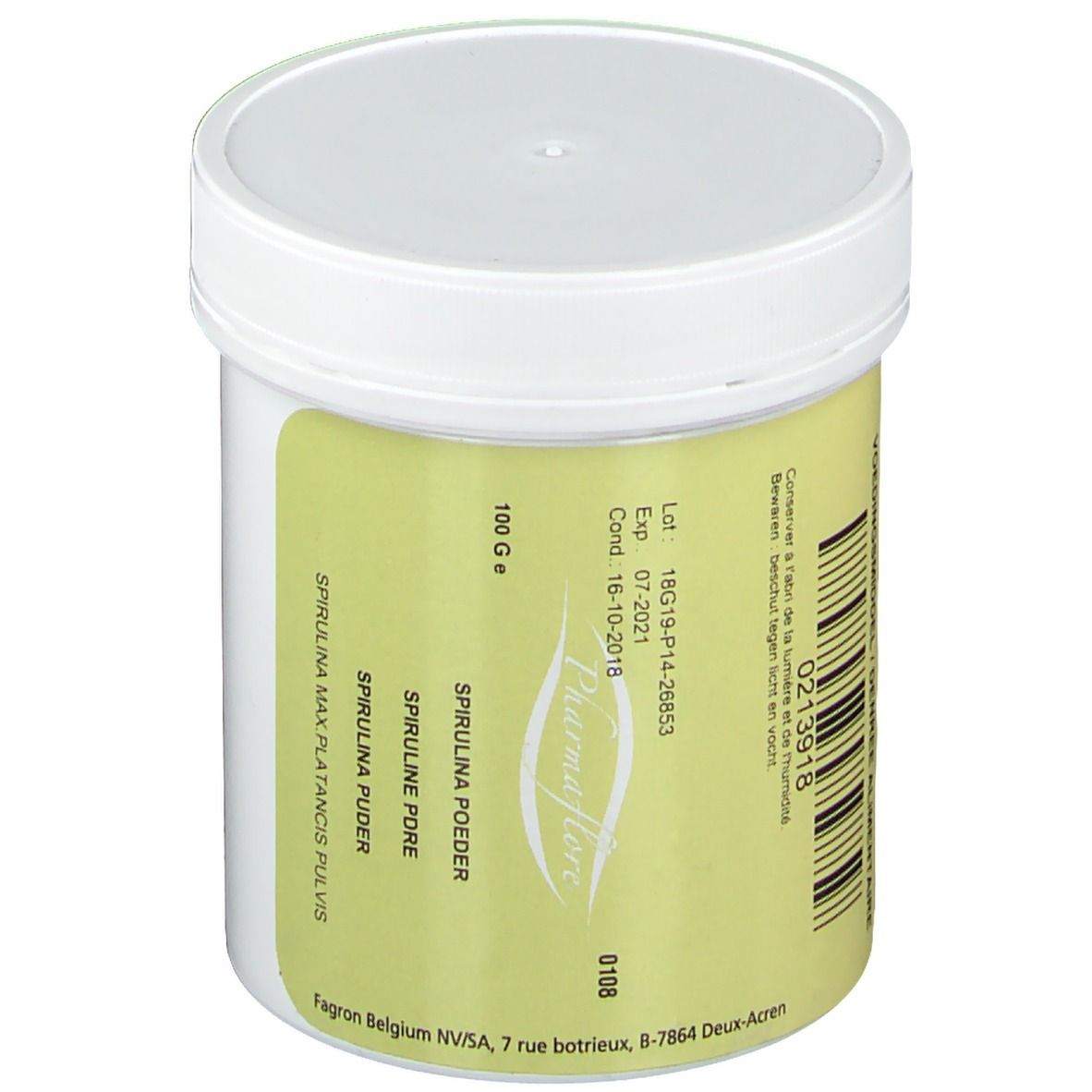 Récipient blanc avec étiquette jaune. Texte: 100 g. Spirulina Poudre. Pharmaflore. Date de péremption et numéro de lot.