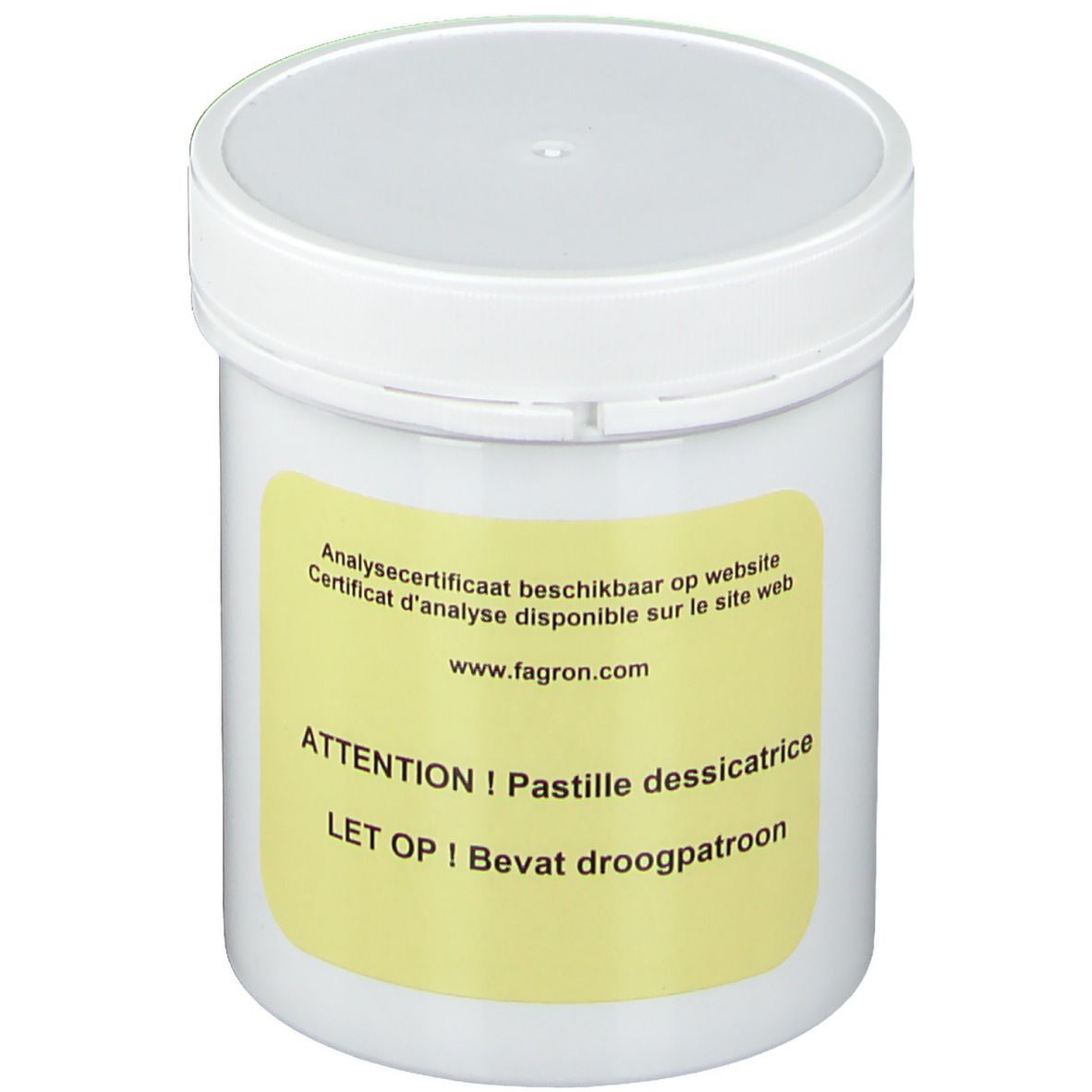 Récipient blanc avec étiquette jaune. Texte: Analysecertificaat beschikbaar op website. Attention ! Pastille dessicatrice. Contient un dessiccatif.