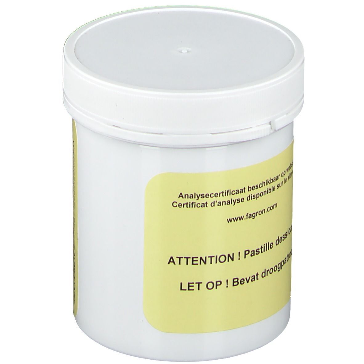 Récipient blanc avec étiquette jaune. Texte: Analysecertificaat beschikbaar op website. Attention ! Pastille dessicatrice. Contient un dessiccatif.
