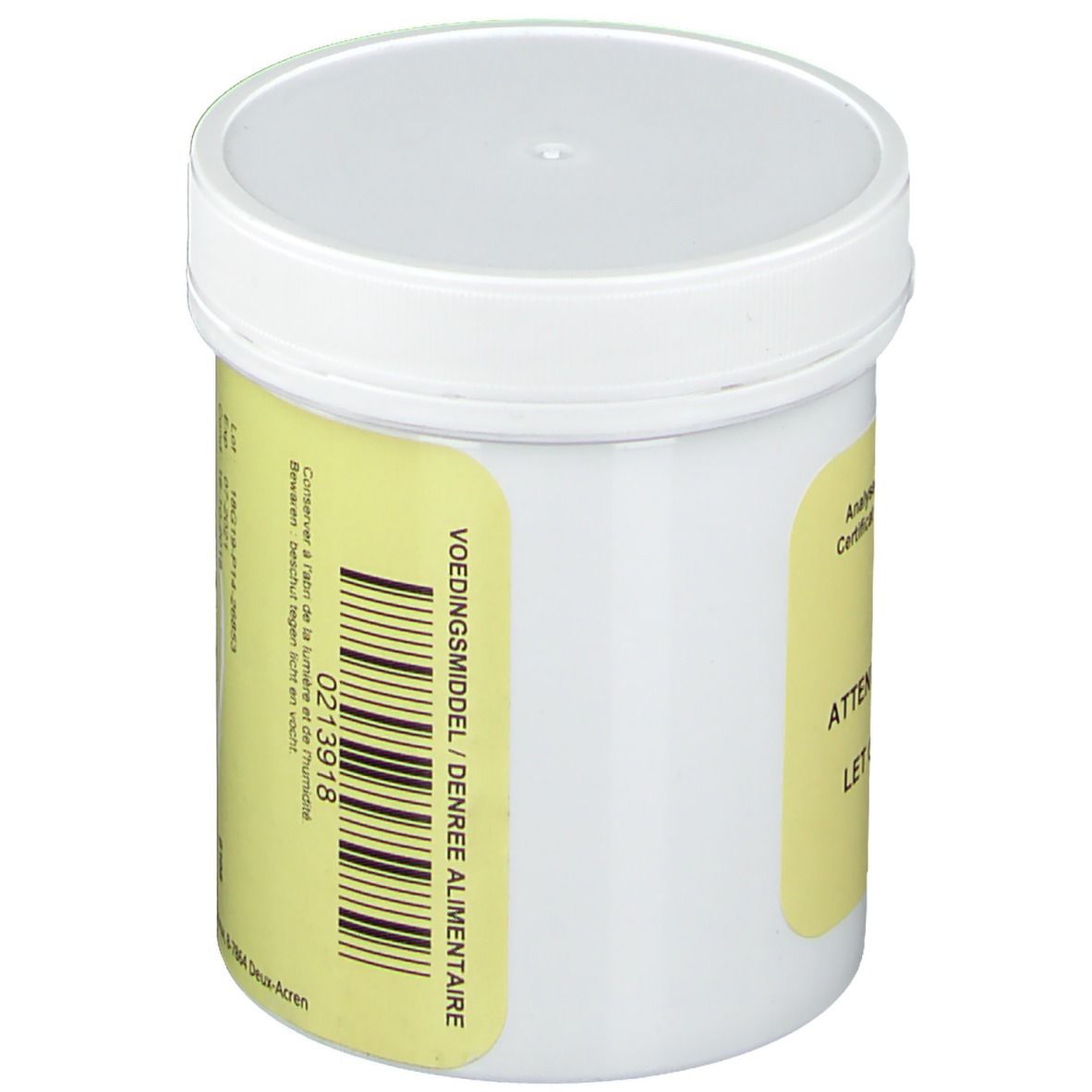 Récipient blanc avec étiquette jaune et code-barres. Texte: Voedingsmiddel/Denrée alimentaire. Plus d'informations sur l'étiquette.