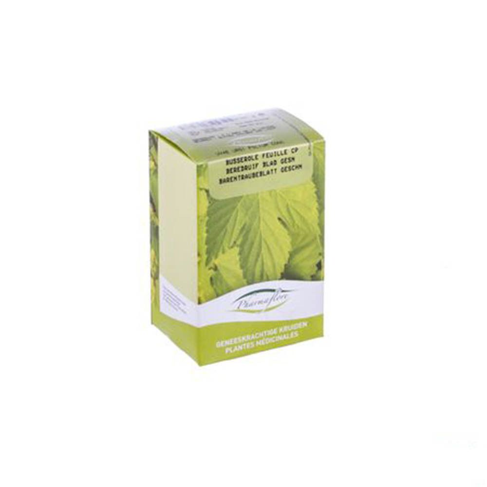 Boîte avec feuilles et texte. Nom du produit et logo Pharmaflore. Texte en néerlandais et français.
