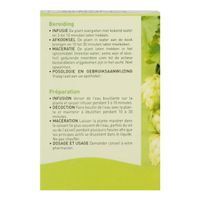 Côté de la boîte avec texte. Texte: Infusion, Afkooksel, Maceratie. Vert et blanc. Pharmaflore.
