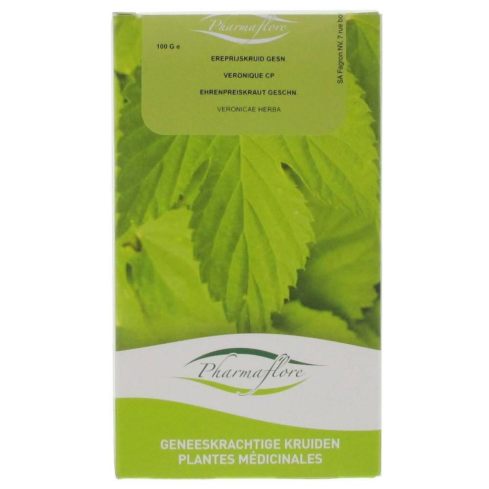 Boîte en carton avec motif de feuilles vertes et texte. Logo Pharmaflore en bas. Texte en néerlandais, allemand, français et latin.