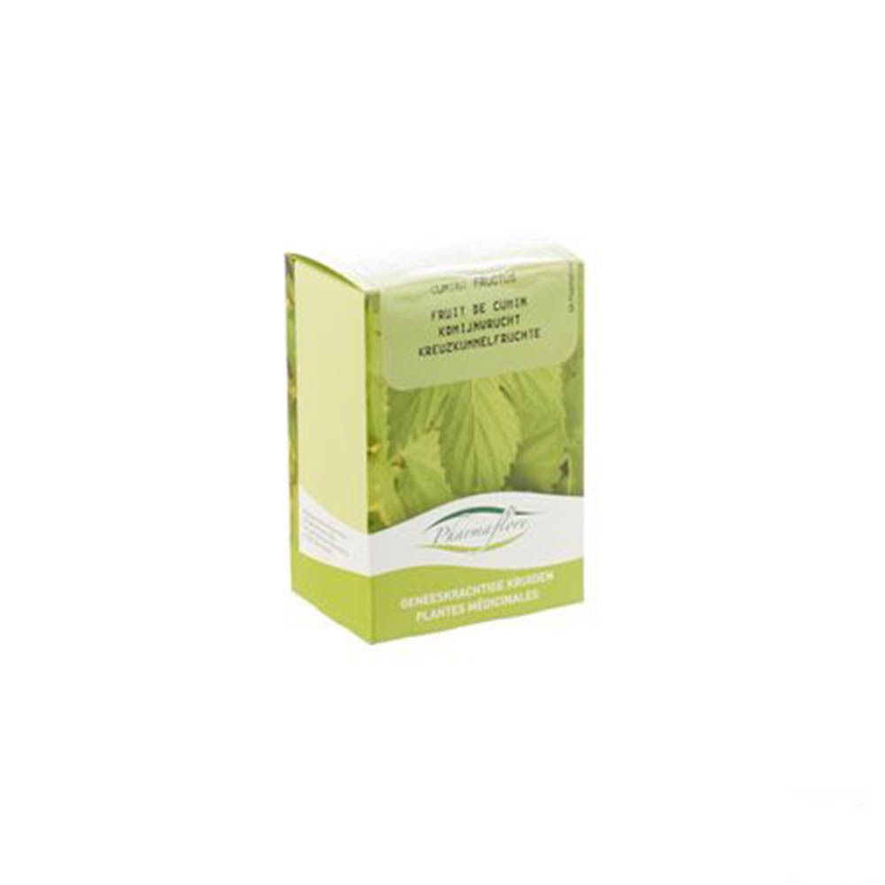 Petite boîte verte avec logo Pharmaflore. Inscriptions : 'Fruit de cumin' et 'Kreuzkümmelfrüchte'.