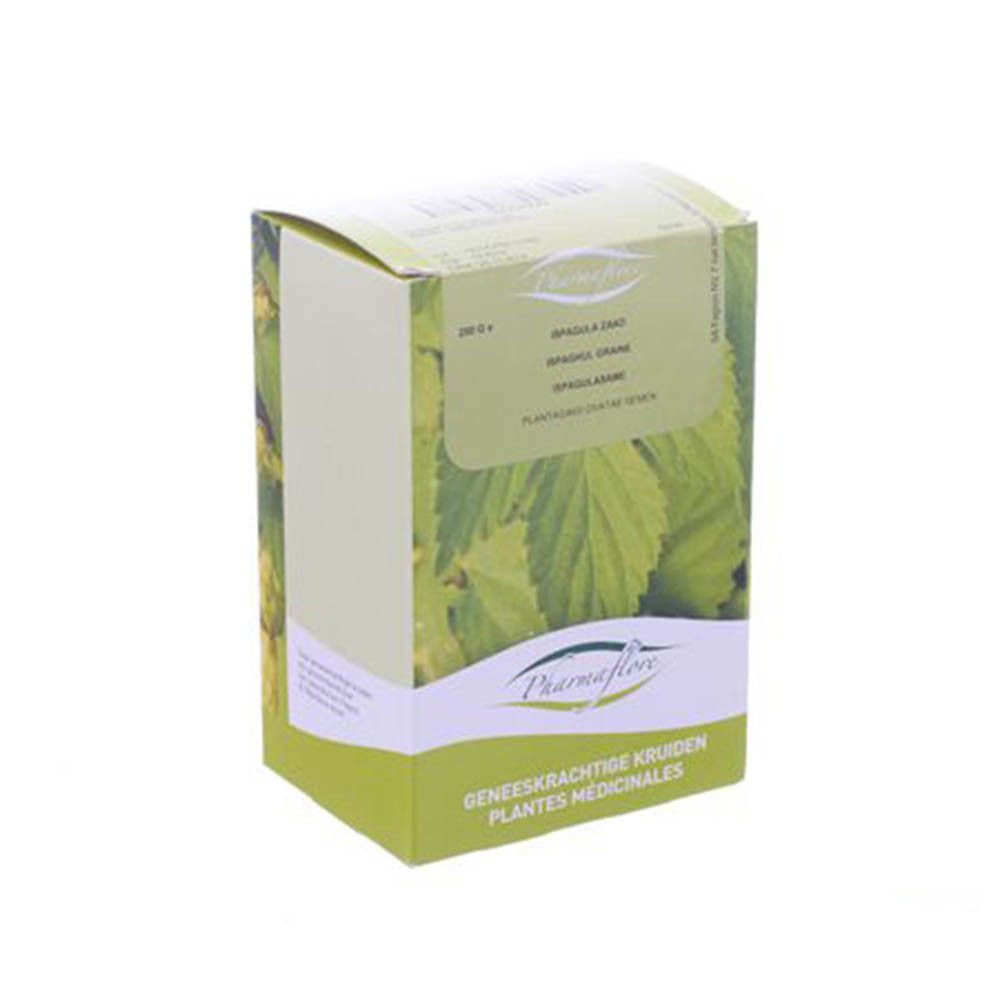 Boîte en carton avec étiquette produit. Logo Pharmaflore. Texte: Ispagula Zaaad Geheel, 250g. Combinaison de couleurs verte et blanche.
