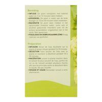 Dos de la boîte en carton avec instructions de préparation. Infusion, décoction, macération. Dosage et usage.