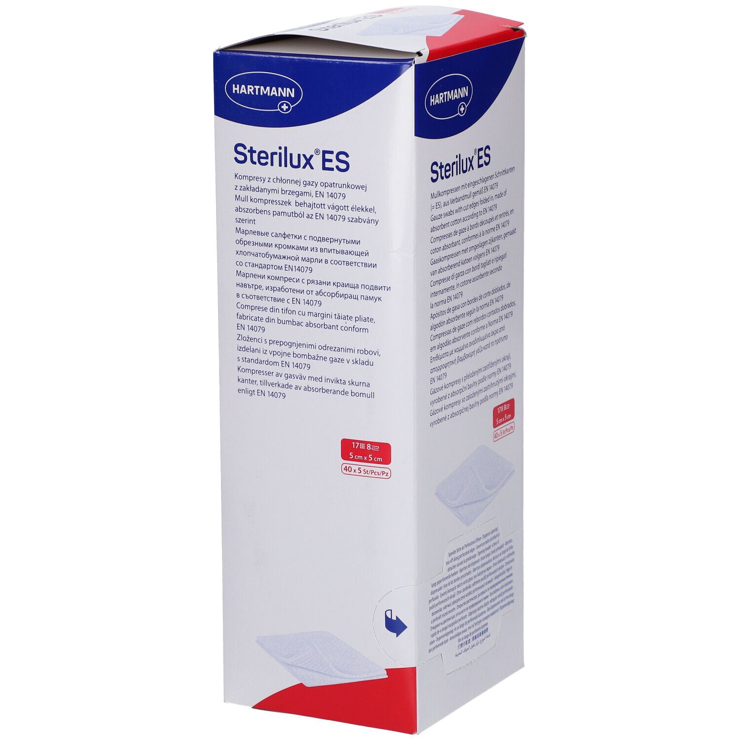 Emballage de Sterilux ES compresses. Boîte blanche avec texte bleu et rouge. Logo Hartmann. Texte multilingue.