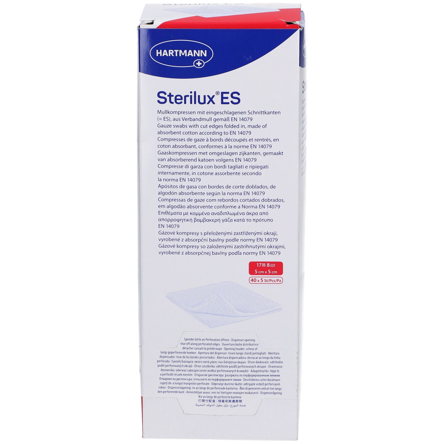Emballage de Sterilux ES compresses. Boîte blanche avec texte bleu et rouge. Logo Hartmann. Texte multilingue.
