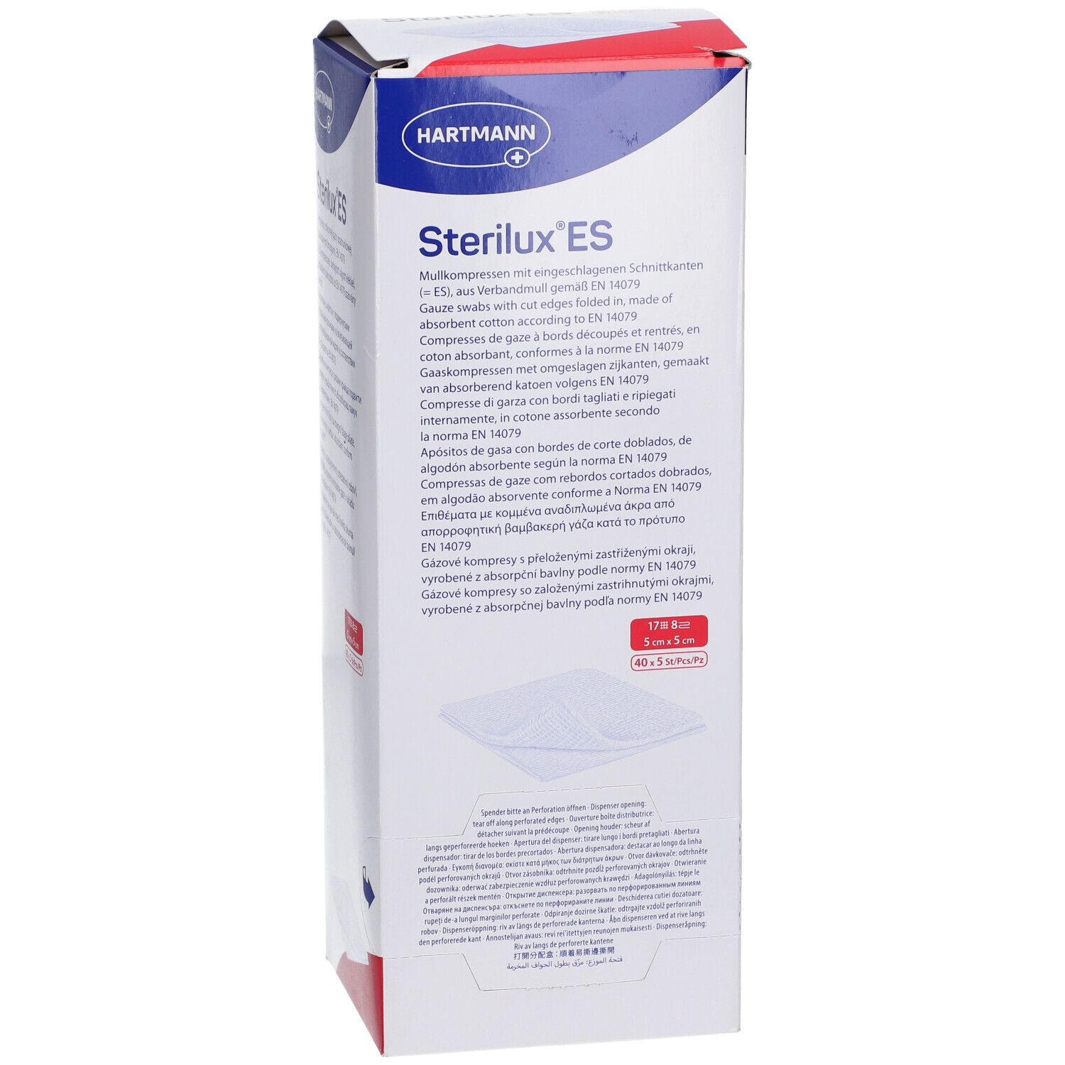 Emballage de Sterilux ES compresses. Boîte blanche avec texte bleu et rouge. Logo Hartmann. Texte multilingue.
