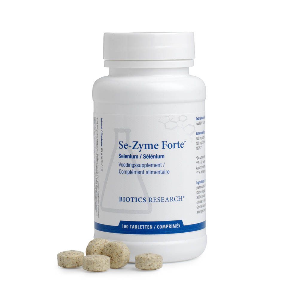 Flacon blanc Se-Zyme Forte™ avec comprimés. Inscription: Selenium / Sélénium. 100 comprimés. Biotics Research. Comprimés à côté.