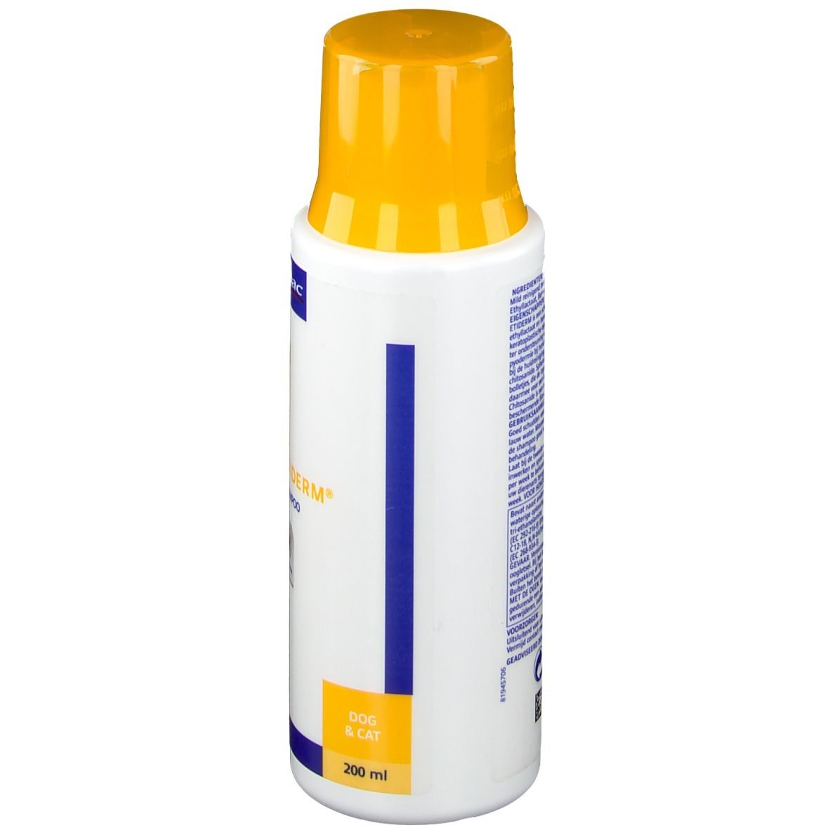 Flacon blanc avec bouchon jaune. Bandes bleues. Inscription : Dog & Cat, 200 ml.
