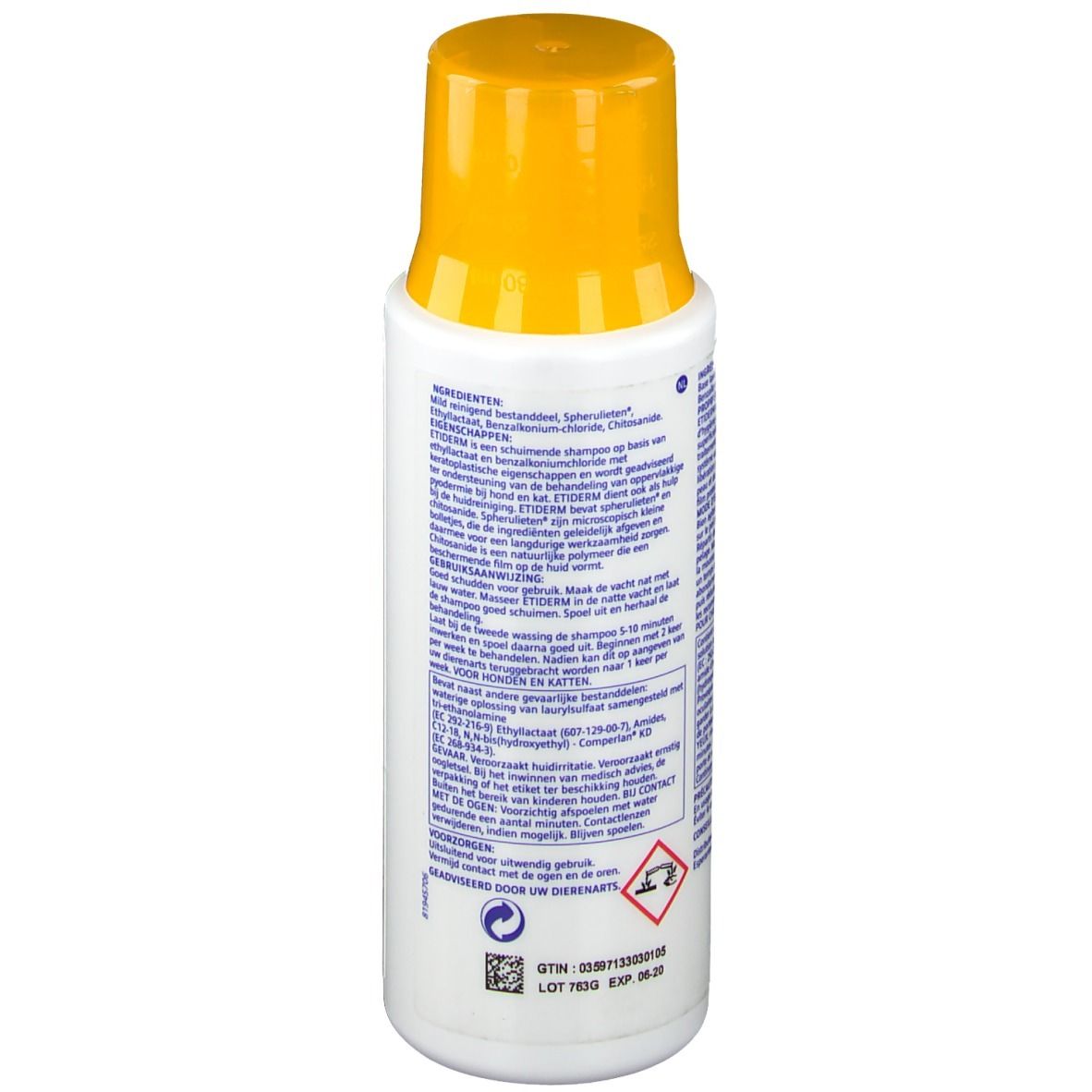 Flacon blanc avec bouchon jaune. Dos avec texte. Contient 200 ml. Symbole de danger.