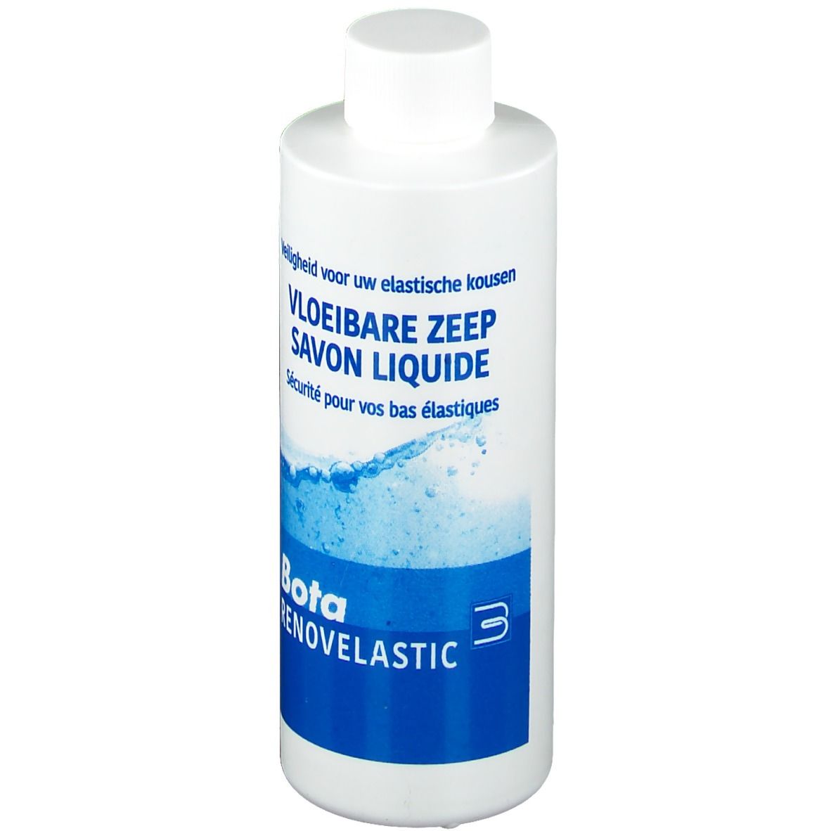 Flacon blanc avec bouchon blanc. Inscription: Vloeibare Zeep, Savon Liquide, Bota Renovelastic. Graphique de vagues bleues.