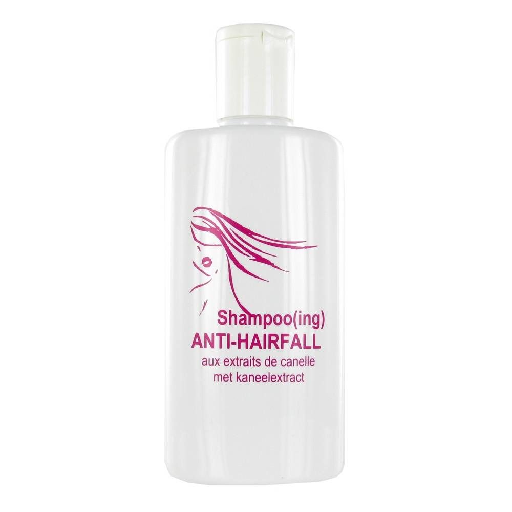 Flacon de shampooing blanc avec bouchon rabattable. Impression : femme aux cheveux au vent, texte ANTI-HAIRFALL et autres informations.