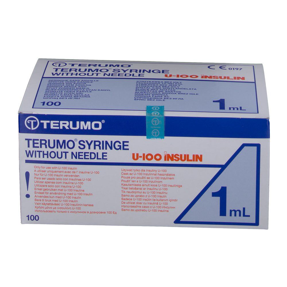 Boîte de seringues TERUMO sans aiguille. U-100 Insuline, 1 ml. Boîte blanche avec texte bleu et marquage CE.