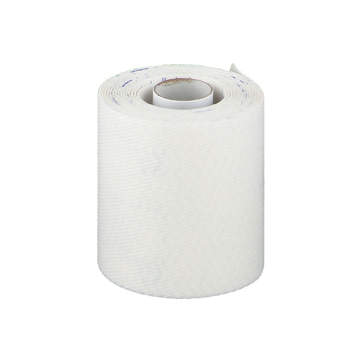 Rouleau de bandage blanc. Rouleau intérieur en carton. Structure tissée. Impression sur le bord.