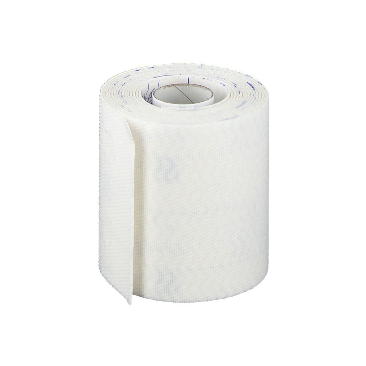 Rouleau de bandage blanc. Rouleau intérieur en carton. Structure tissée. Impression sur le bord.