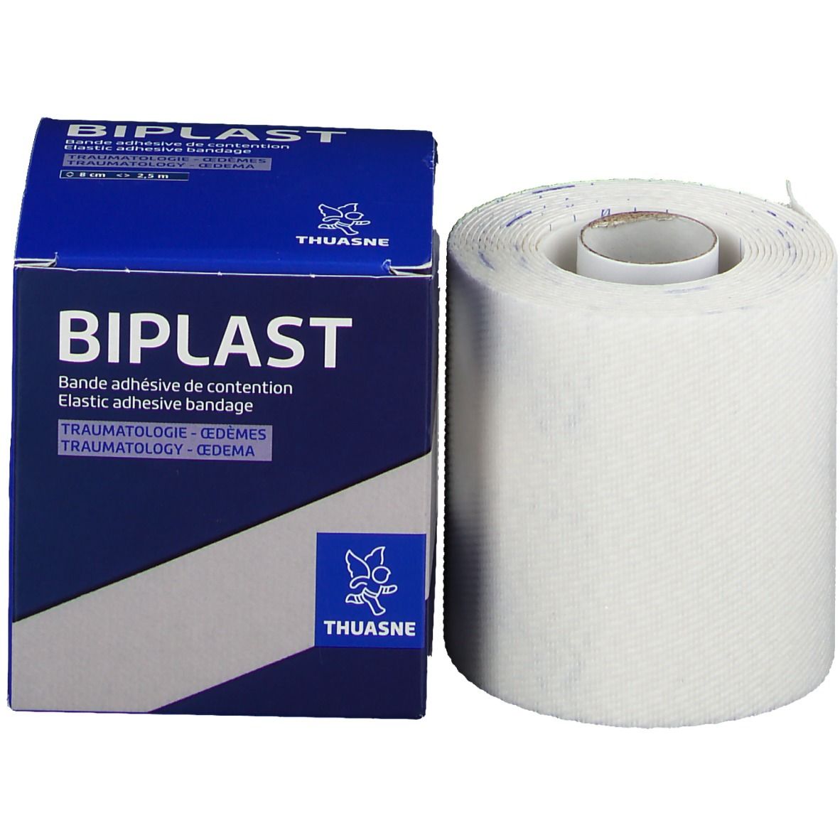 Rouleau de bandage et emballage. Boîte bleue avec le nom du produit BIOPLAST et le logo THUASNE. Texte.